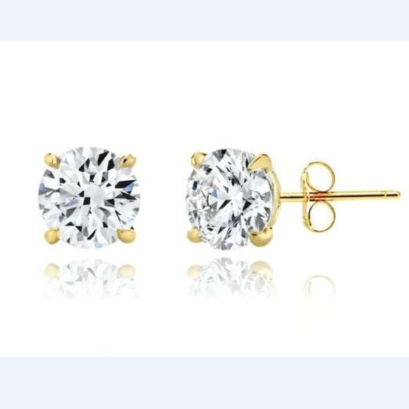 Solid 14k Yellow Gold Round Stone Prong Set Stud Push Back Earrings Size 7mm - Picture 1 of 9